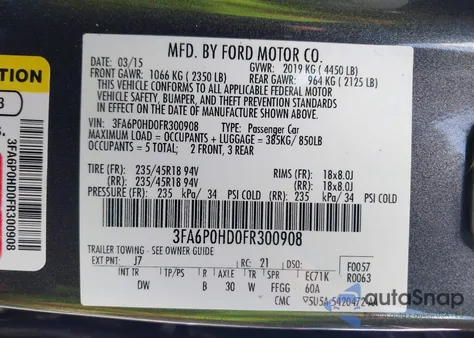 2015 Ford Fusion Se z USA, uszkodzony, nr VIN 3FA6P0HD0FR300908